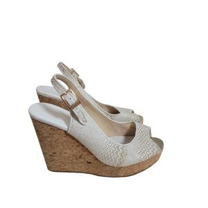 Jimmy Choo White Woven Cork Wedge Sandal Peep Toe Slingback Heel EU 39 US 8.5